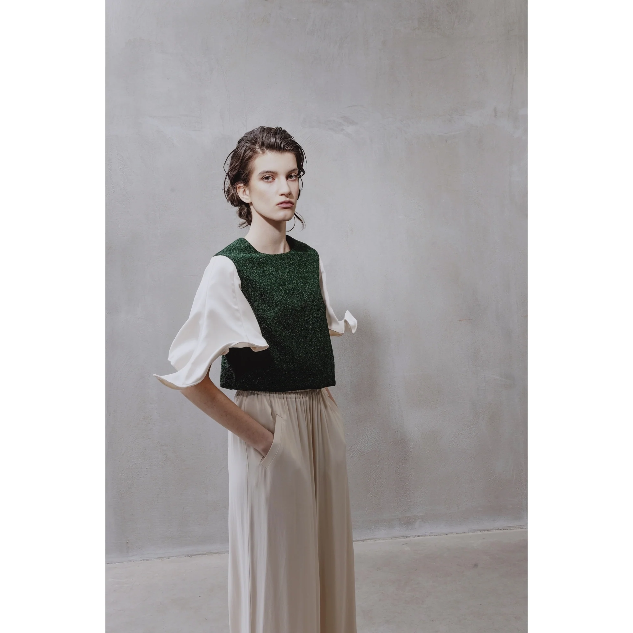Green Lurex Knit Top With Adjustable Satin Sleeves - Image 3