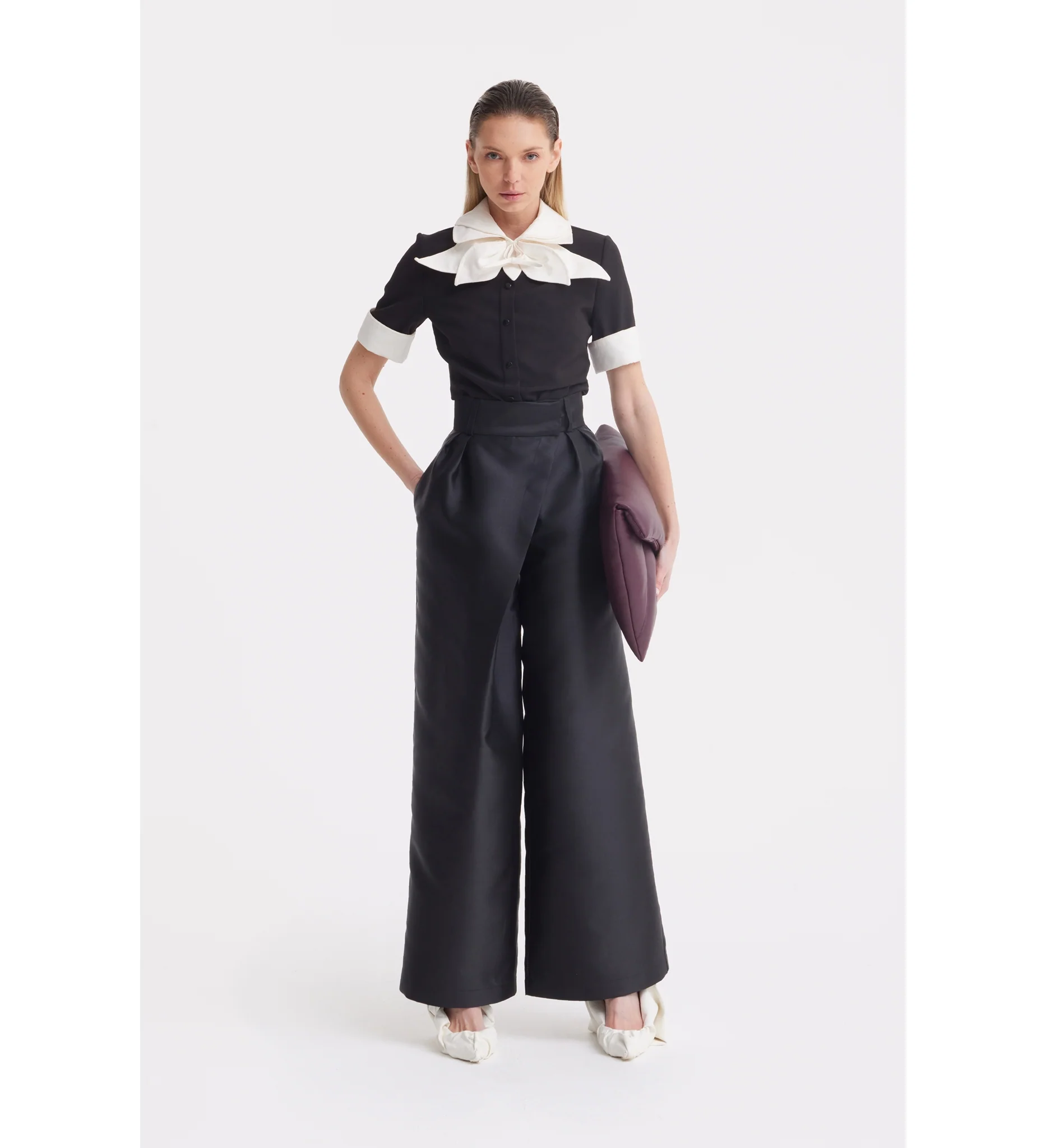 Short Sleeve Formal Bow Blouse - Black - Image 3