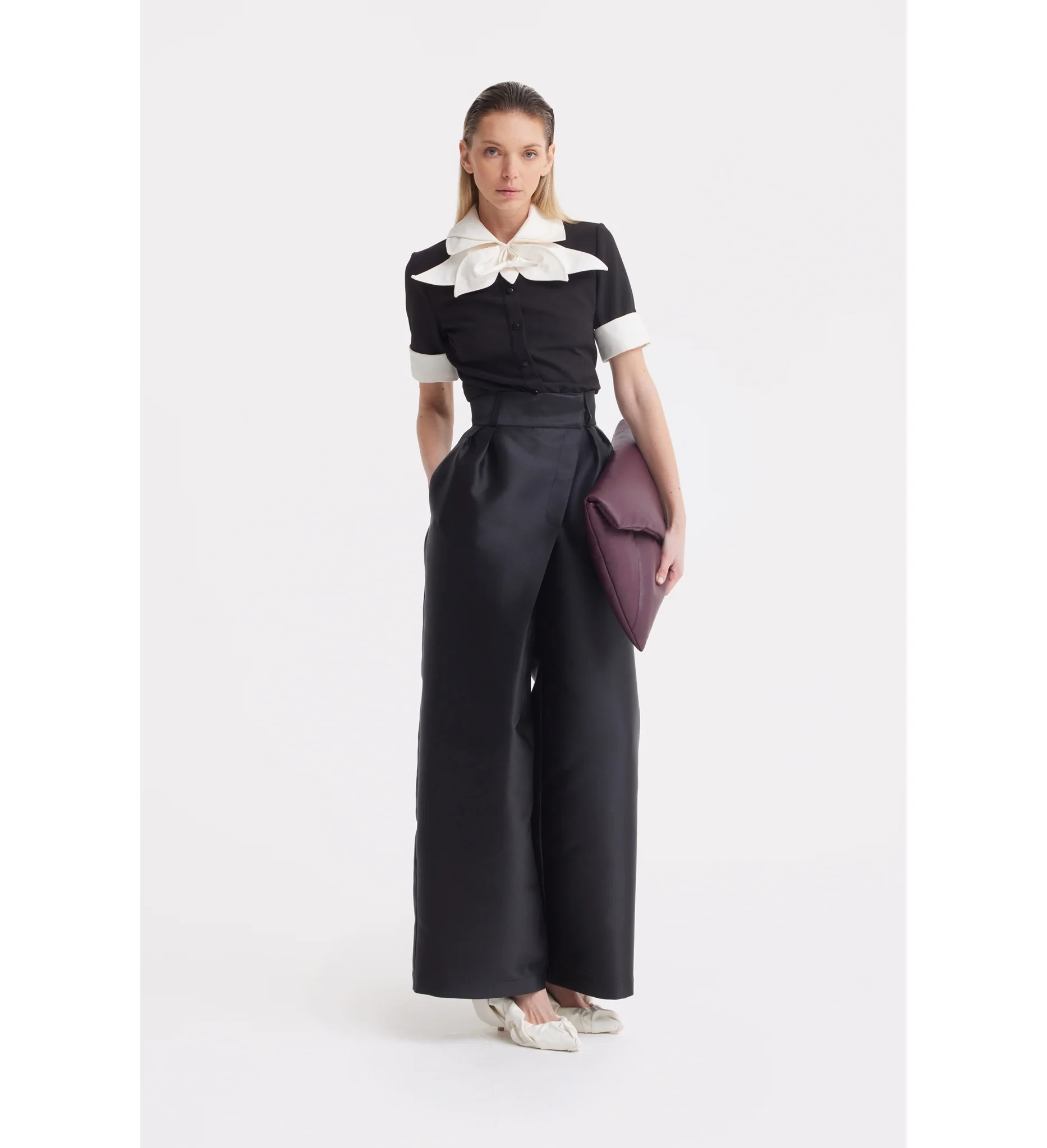 Short Sleeve Formal Bow Blouse - Black - Image 5