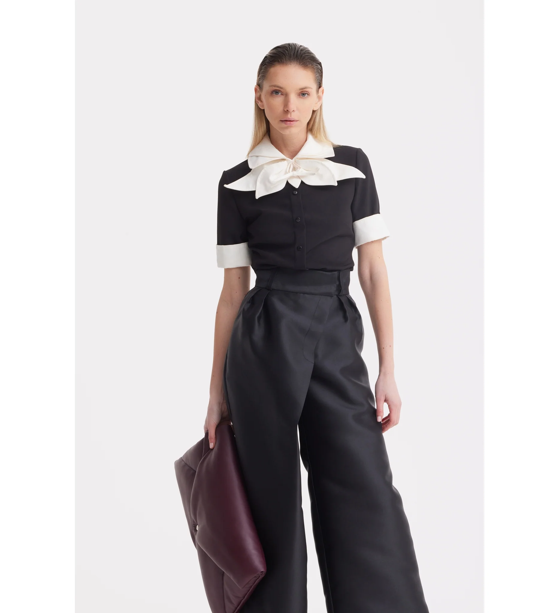 Short Sleeve Formal Bow Blouse - Black - Image 9