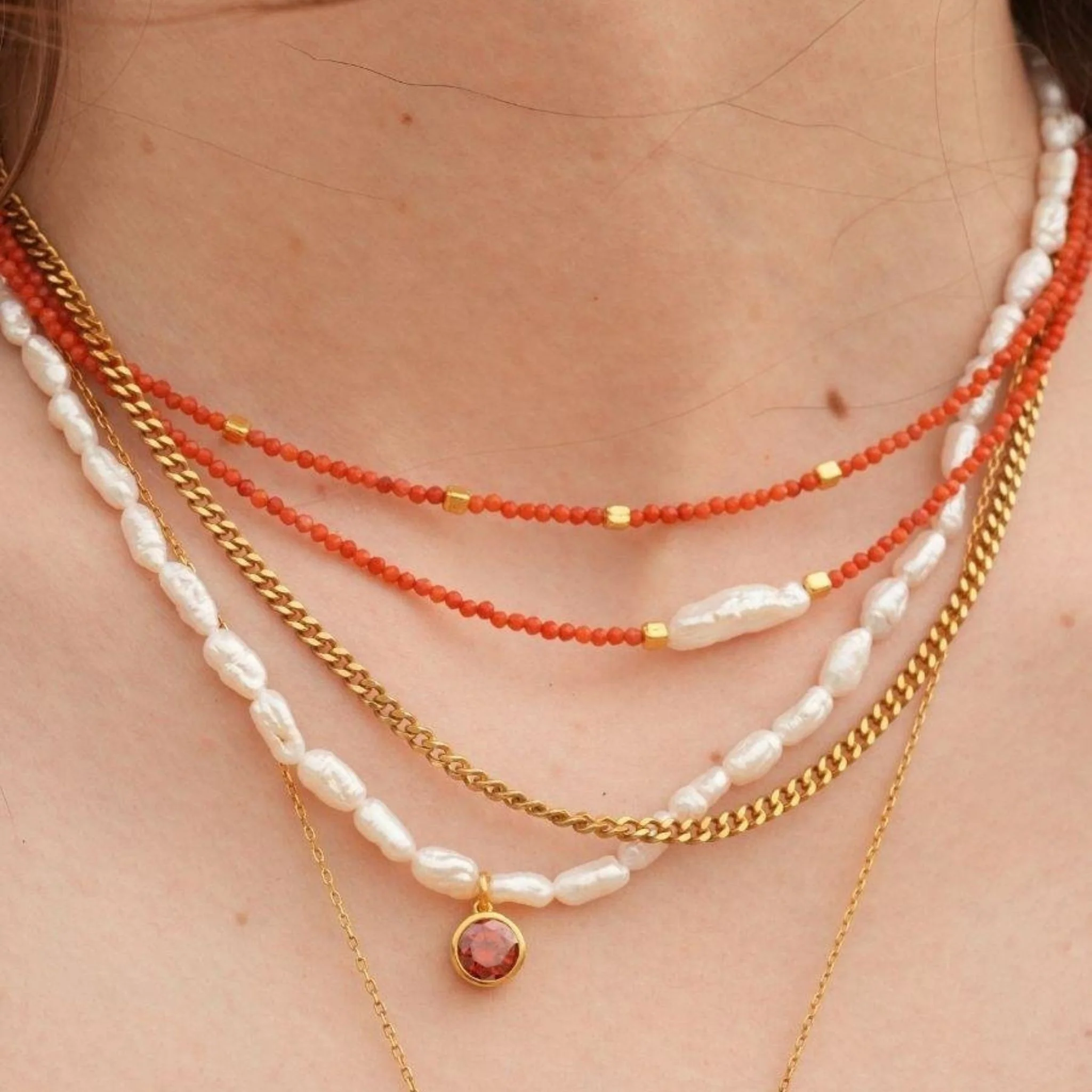 Cosmic Pearl Zodiac Necklace Red Birthstone - Image 2
