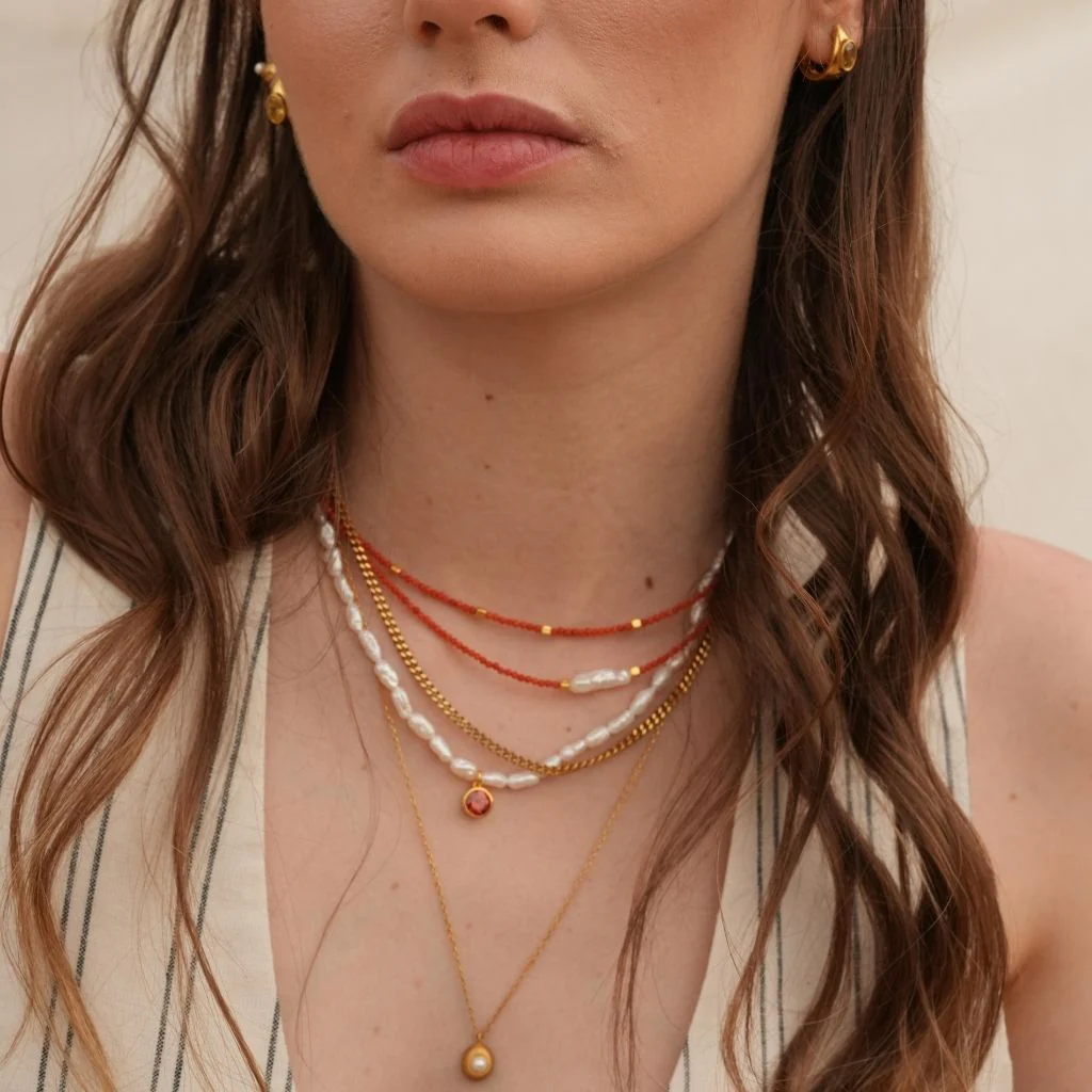 Mira Red Coral Beaded Necklace with Gold Accents - Image 5