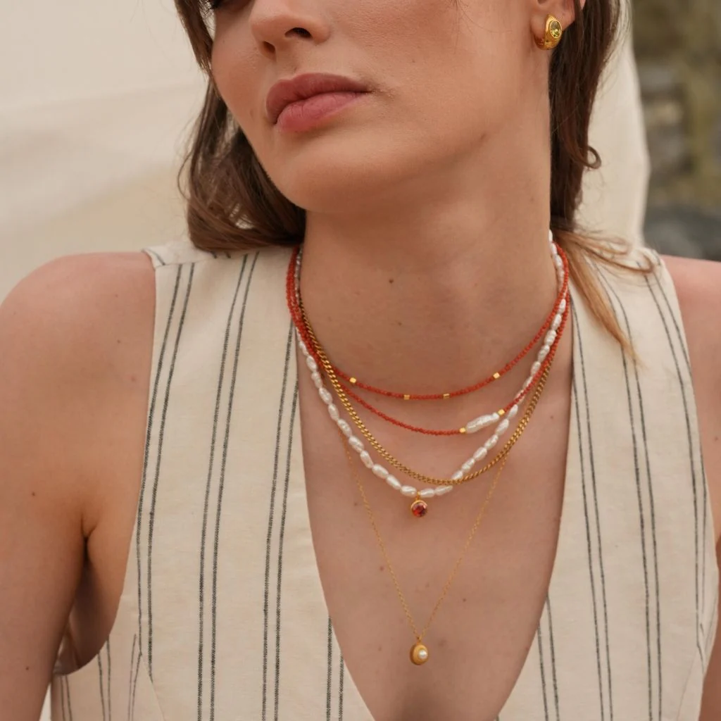 Mira Red Coral Beaded Necklace with Gold Accents - Image 6