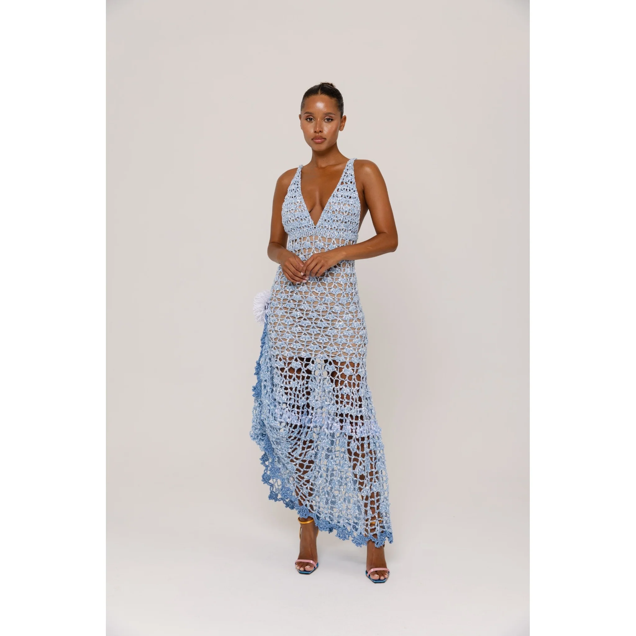 Metallic Blue Crochet Maxi Dress with Open Back - Image 6
