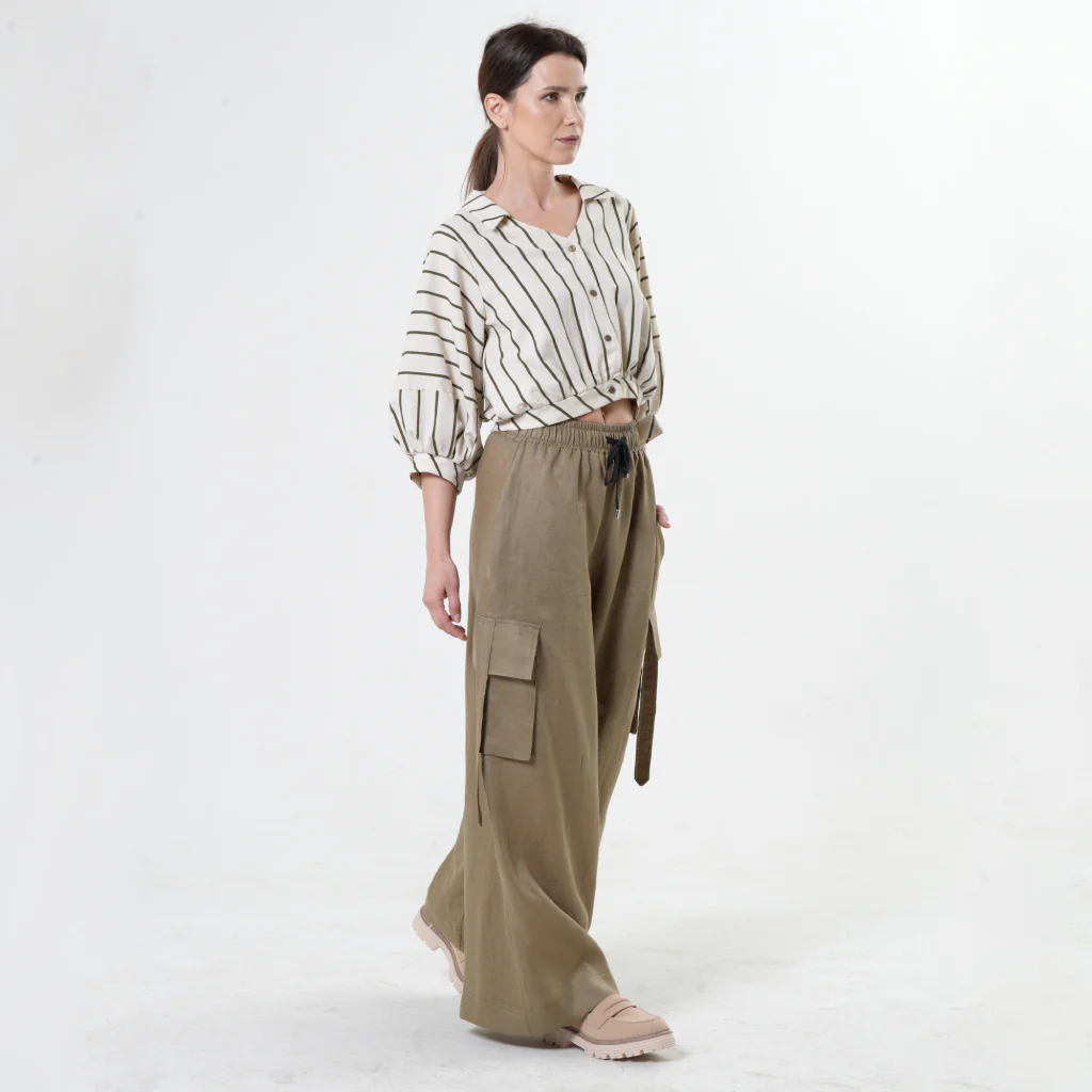 Linen Cargo Palazzo Pants | Khaki - Image 3