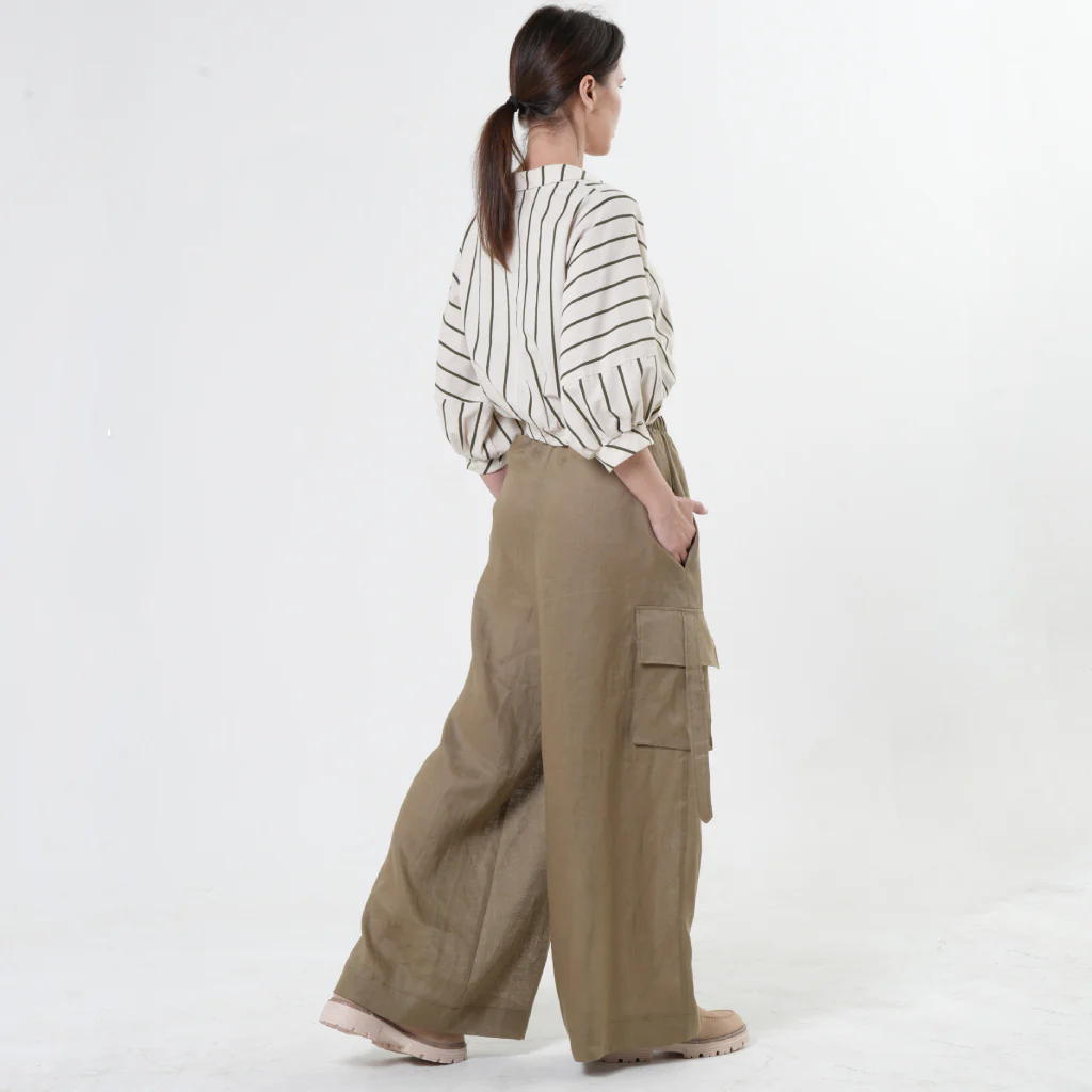 Linen Cargo Palazzo Pants | Khaki - Image 4
