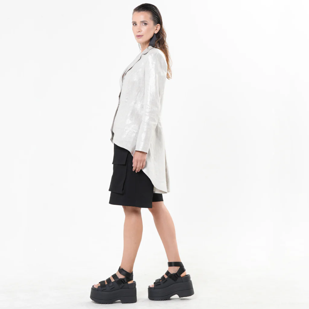 Pearl Silver Asymmetrical Linen Blazer - Image 3