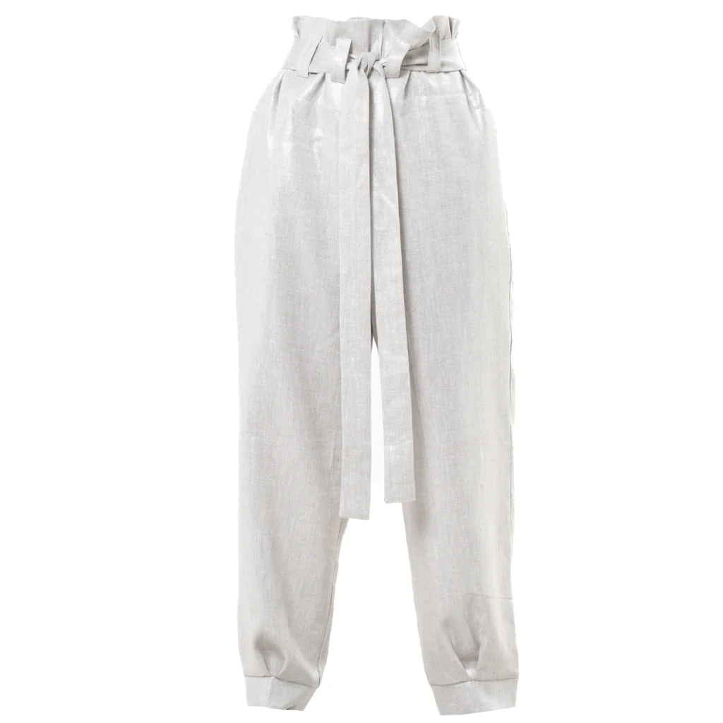 Silver High-Waisted Linen Pants with Belt