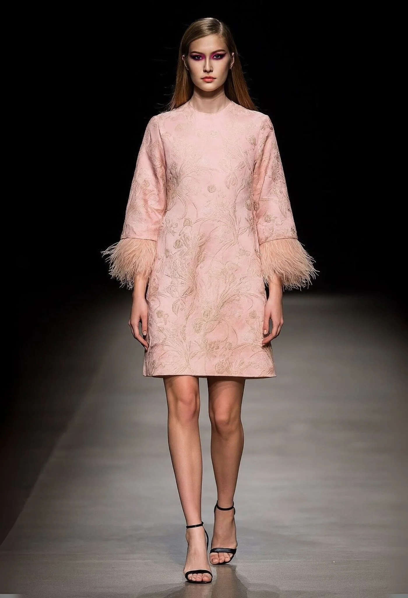 Long Sleeve Powder Pink Brocade Mini Dress with Feather Trim - Image 3