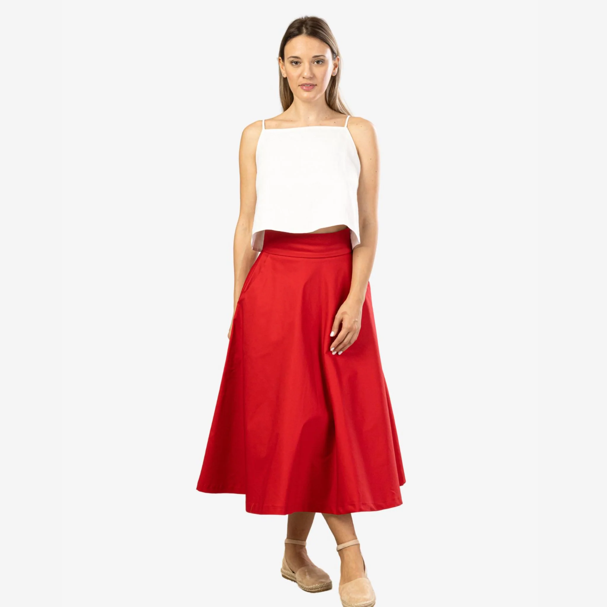 Estelle Red Cotton Midi Skirt - Image 2