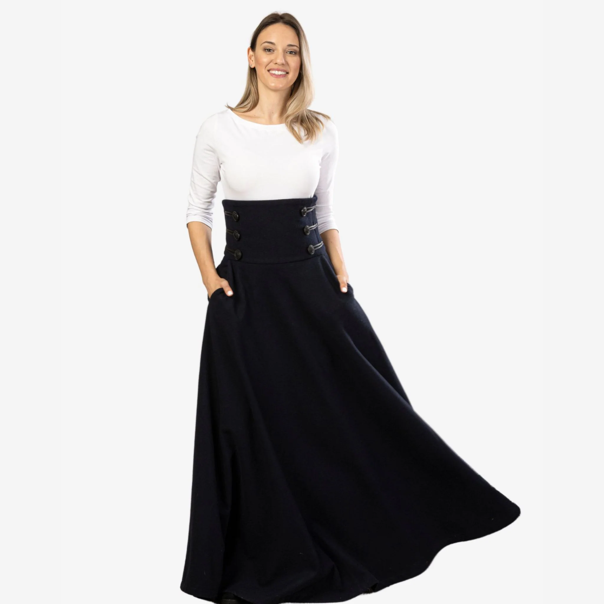 "Rose" Dark Blue Wool Maxi Skirt - Image 2