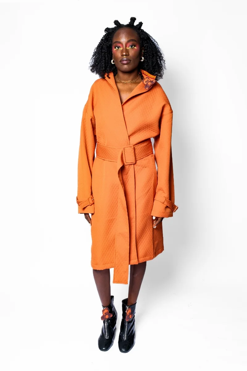 Tangerine Quilted Belted Coat with Asian Collar - Image 6