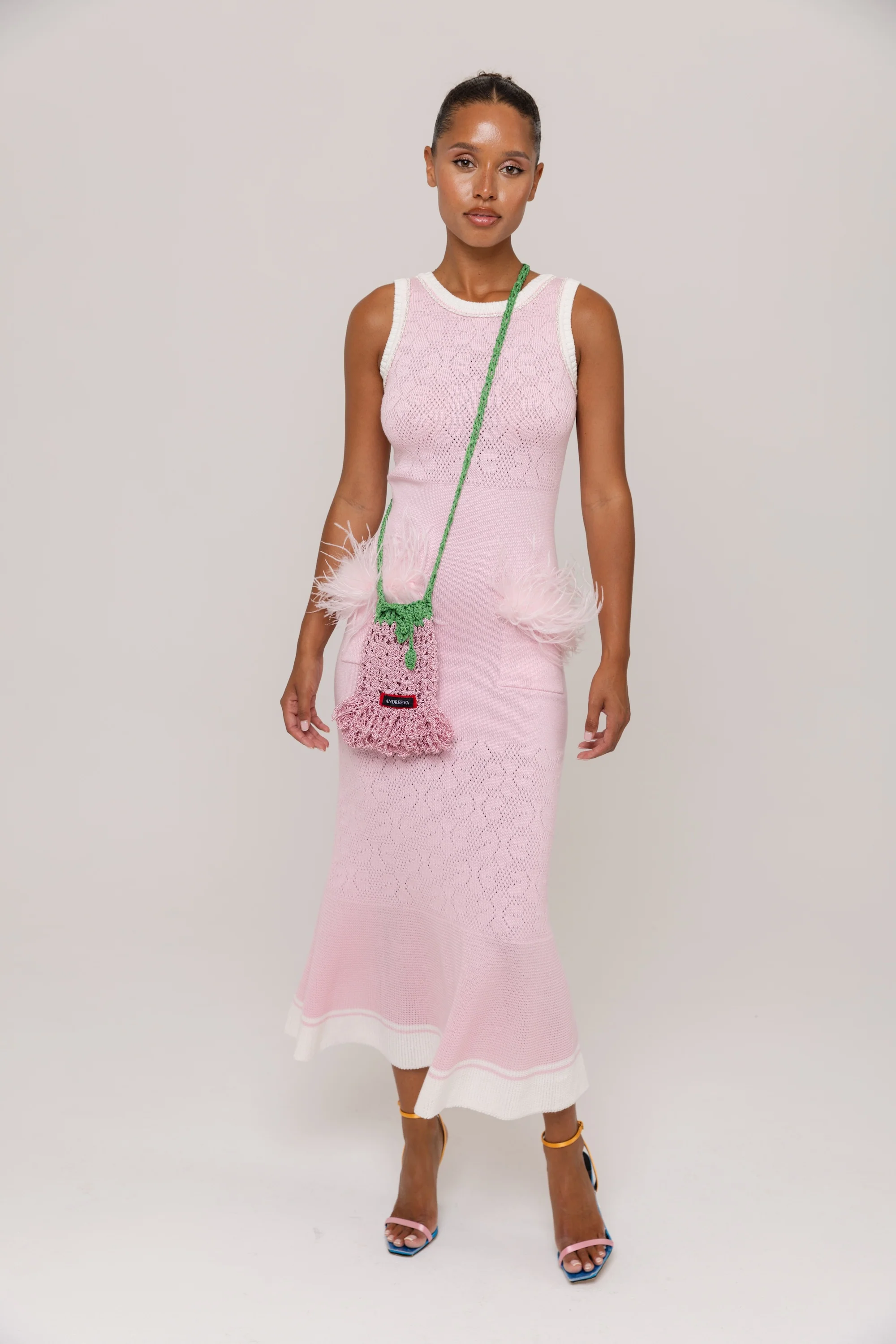 Pink Knit Midi Dress with Ostrich Feather Pockets - Image 6