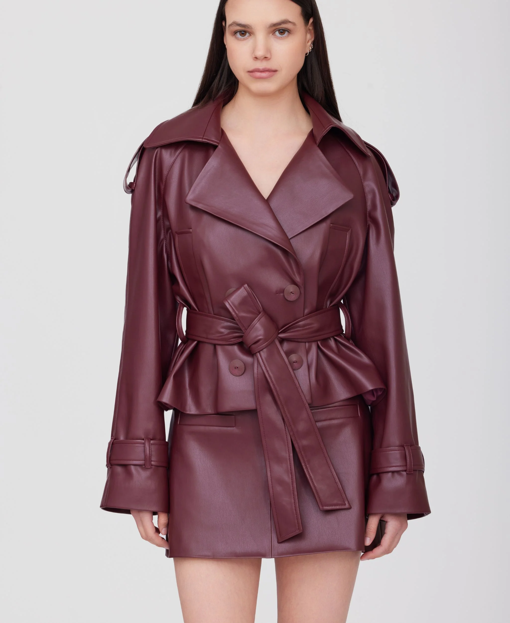 Cropped Eco Leather Trench Coat | Burgundy - Image 2