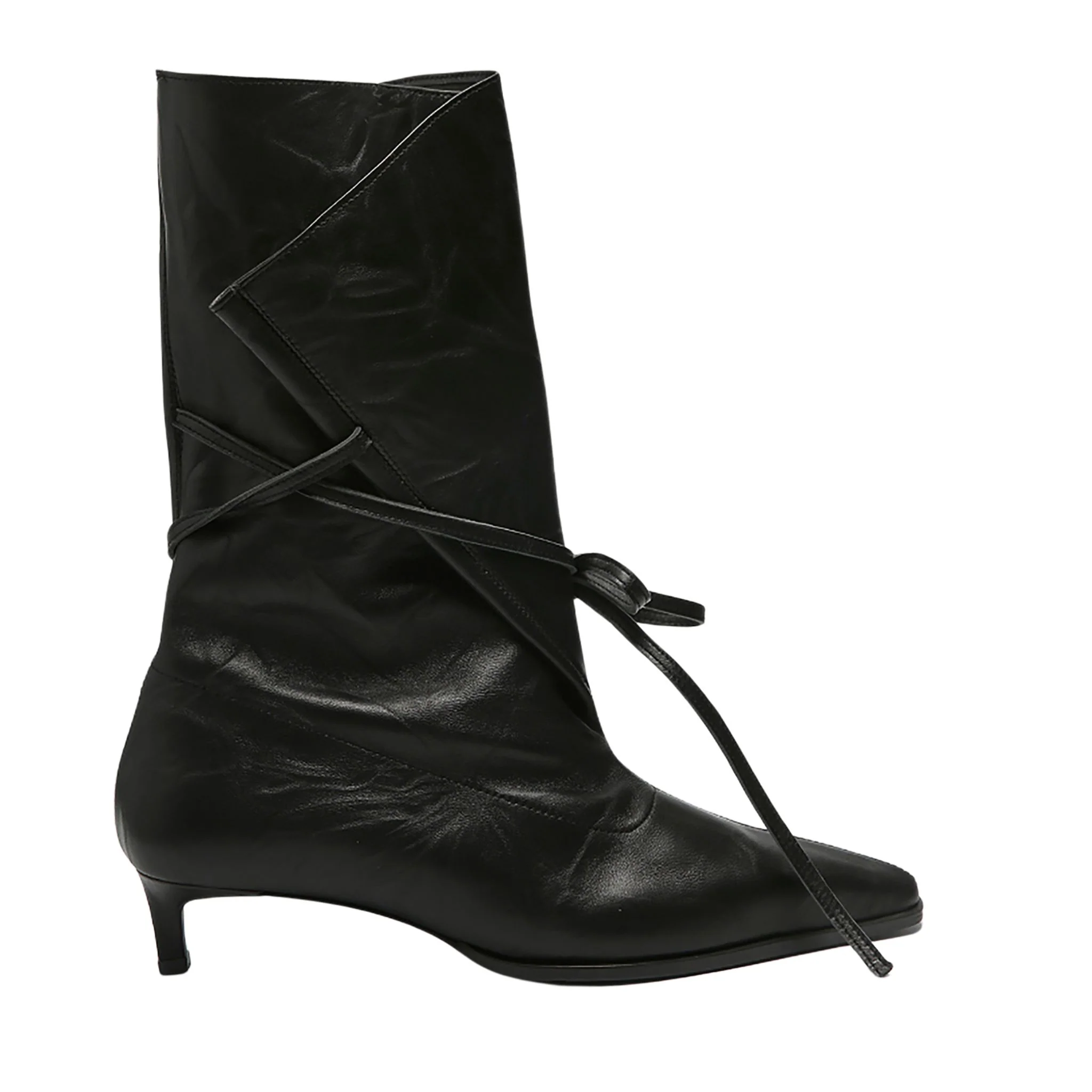 Black Folded-Top Leather Ankle
Boots with Wraparound Tie