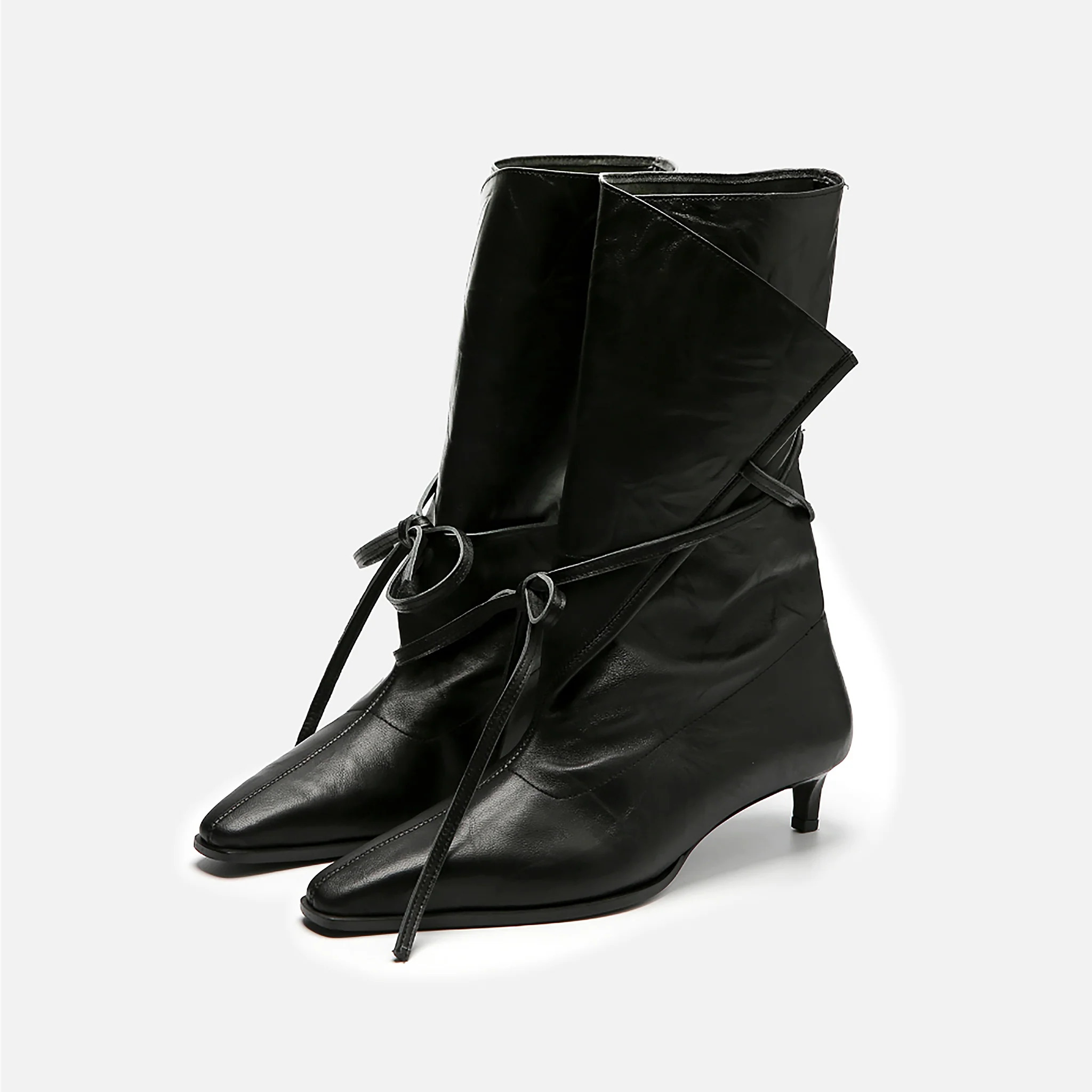 Black Folded-Top Leather Ankle
Boots with Wraparound Tie - Image 3