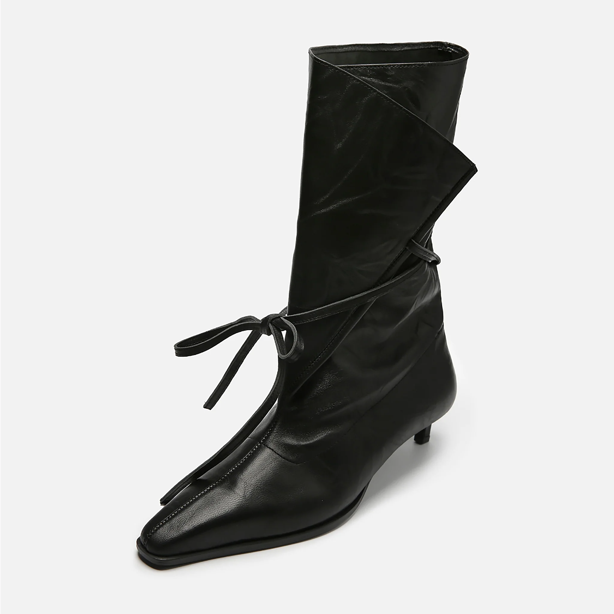 Black Folded-Top Leather Ankle
Boots with Wraparound Tie - Image 5