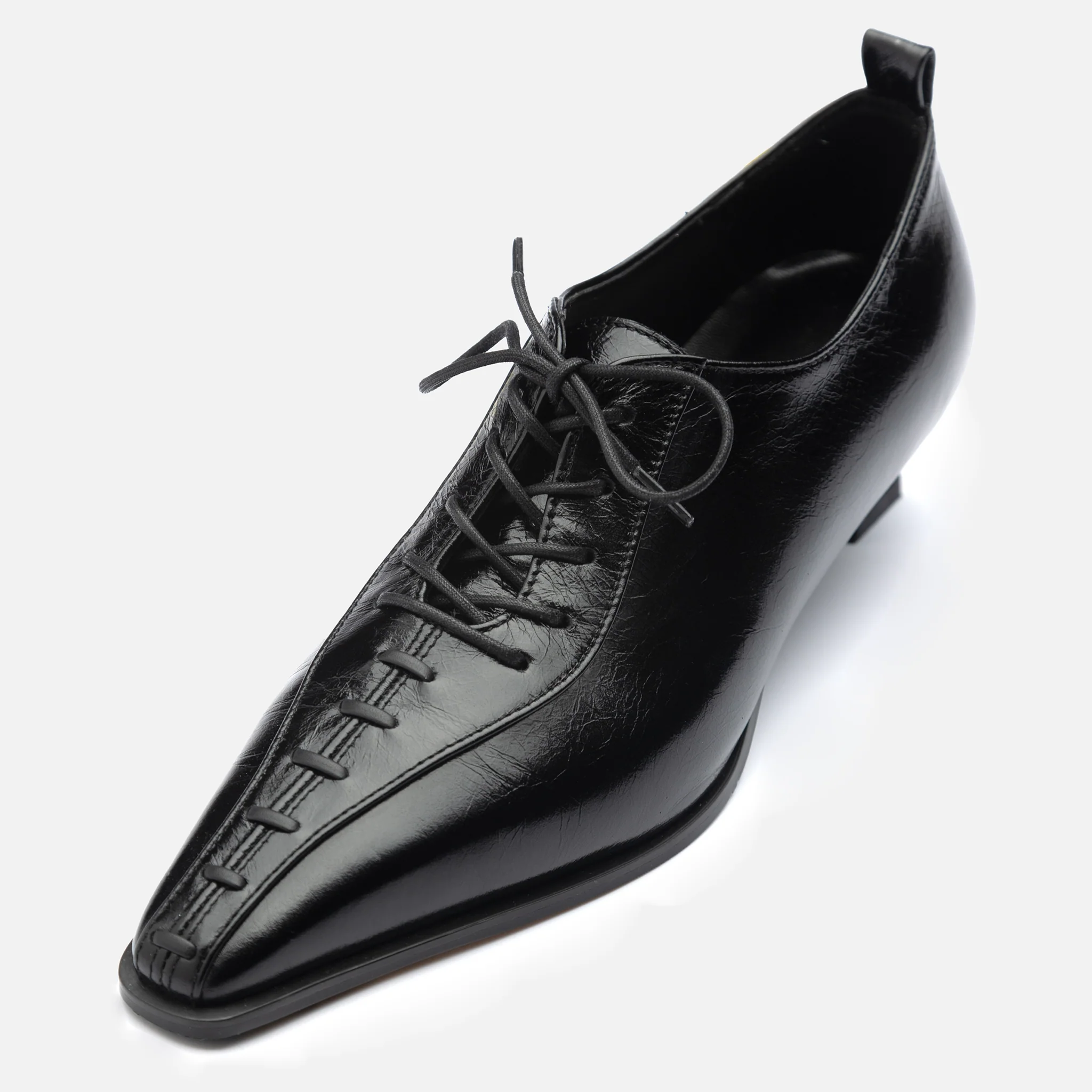 Black Lace-Up Kitten Heel 
Leather Shoes - Image 3