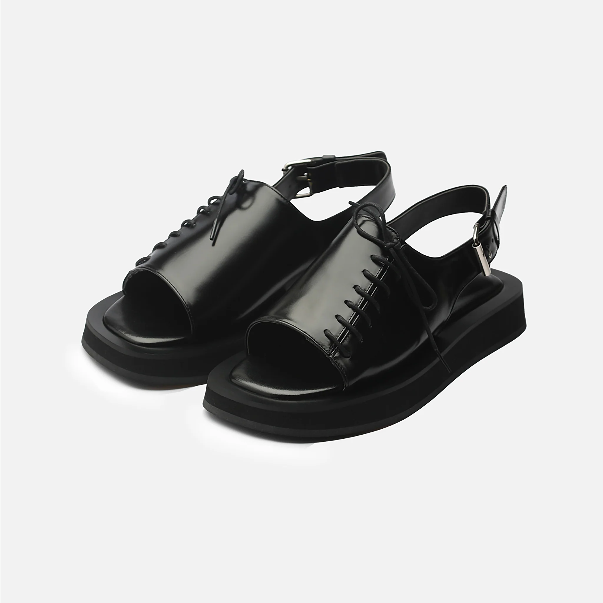 Black Leather Lace‑
Front Slingback Sandals - Image 3