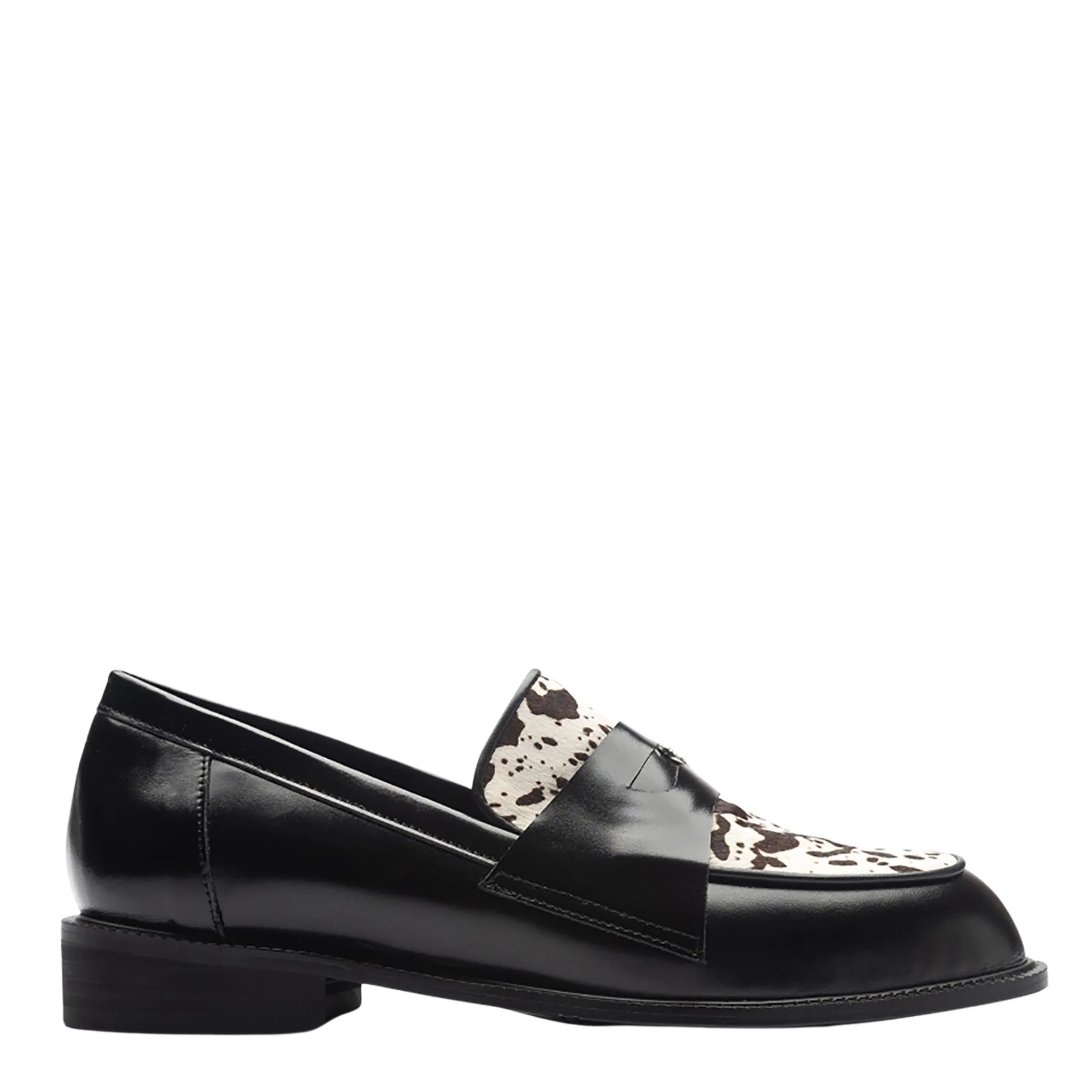 Black Leather Loafers with 
Cowhide Print Vamp