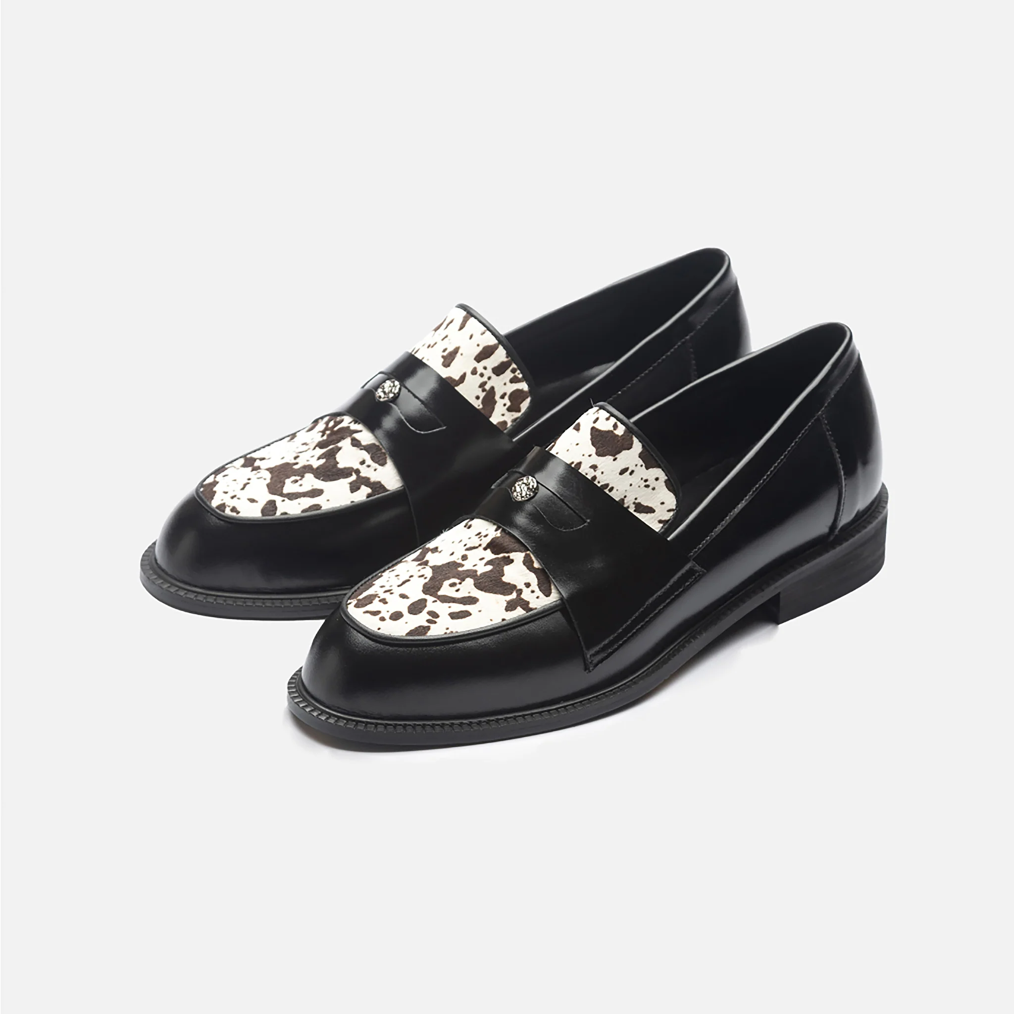 Black Leather Loafers with 
Cowhide Print Vamp - Image 3