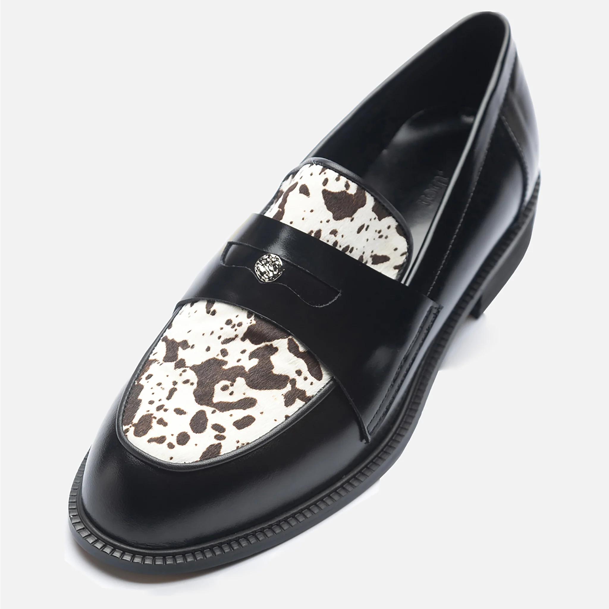 Black Leather Loafers with 
Cowhide Print Vamp - Image 4