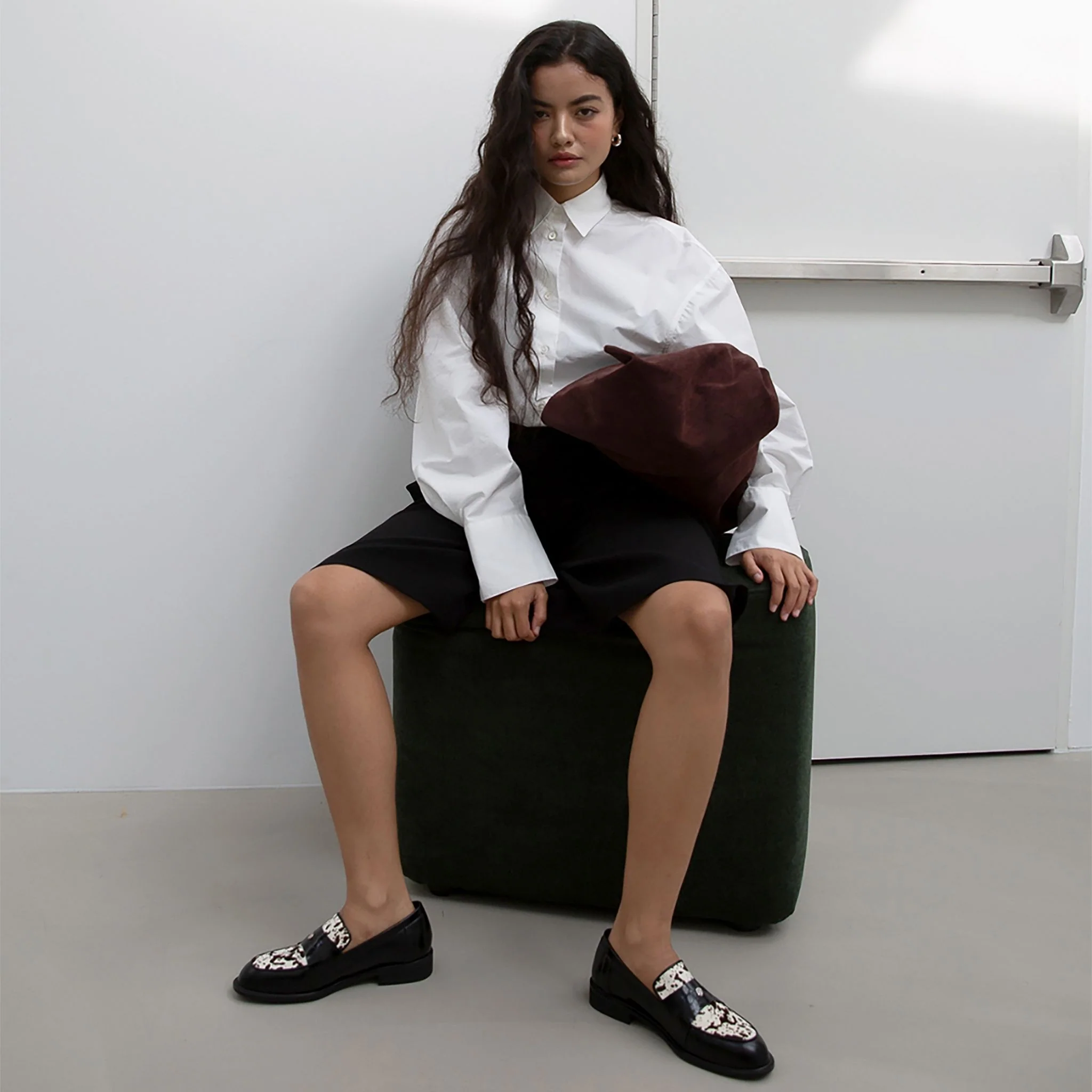 Black Leather Loafers with 
Cowhide Print Vamp - Image 9