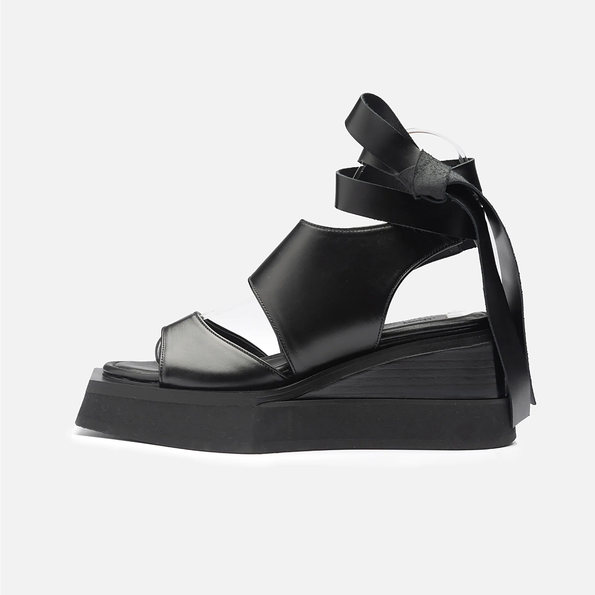 Black Leather Ribbon Strap Platform Sandals - Image 6