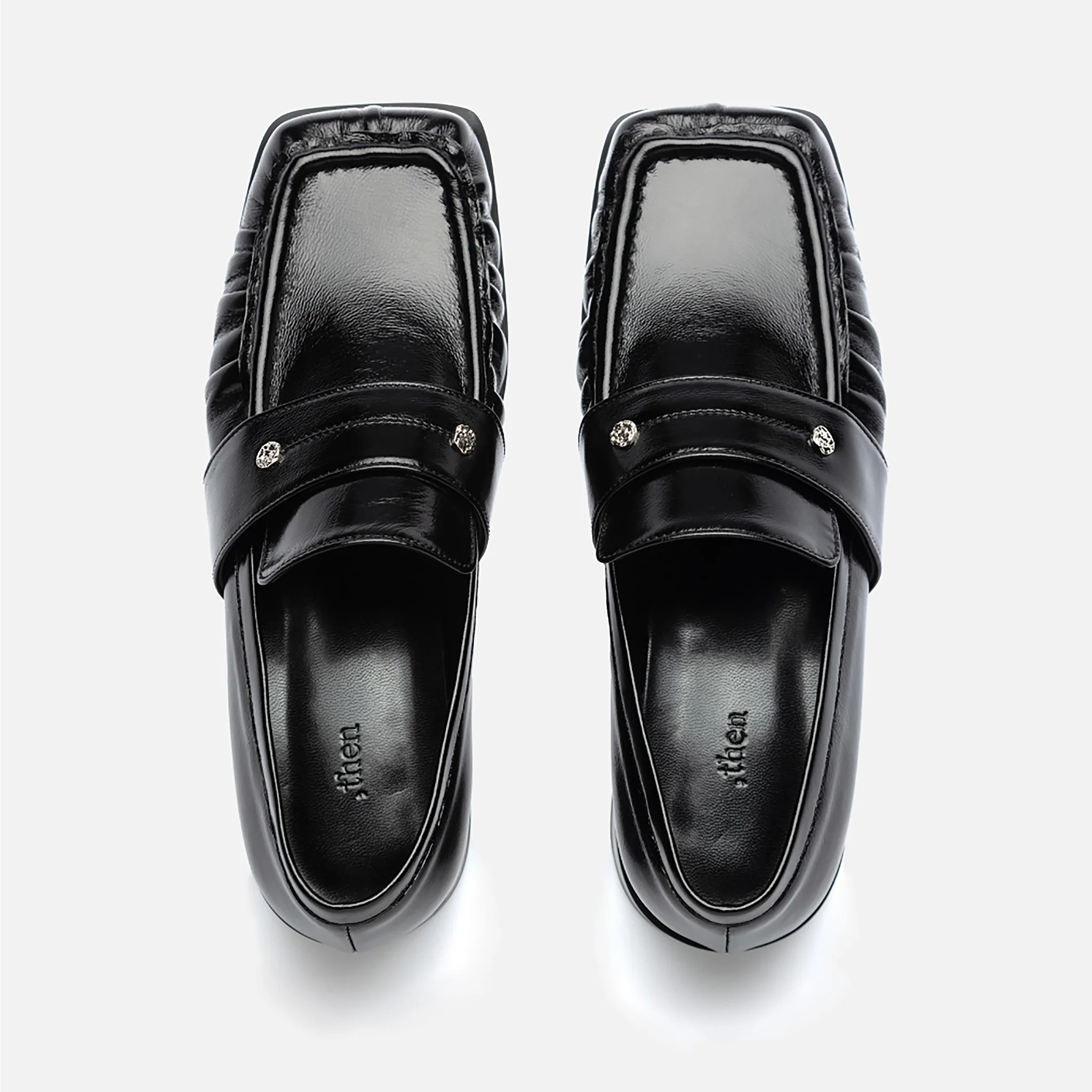 Black Square Leather Loafers with Shirring - Image 2