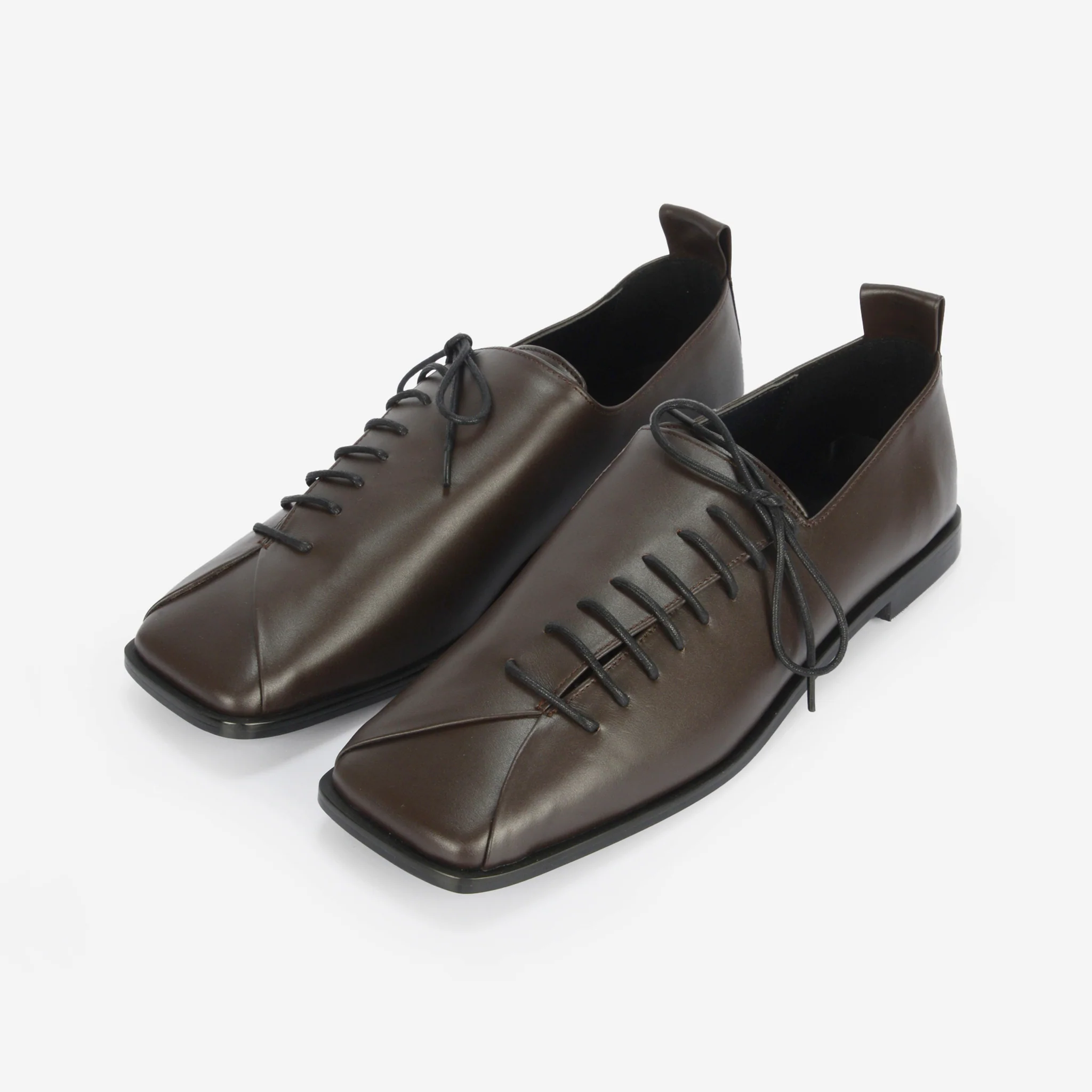 Brown Square-Toe Lace-Up Leather Flats - Image 3