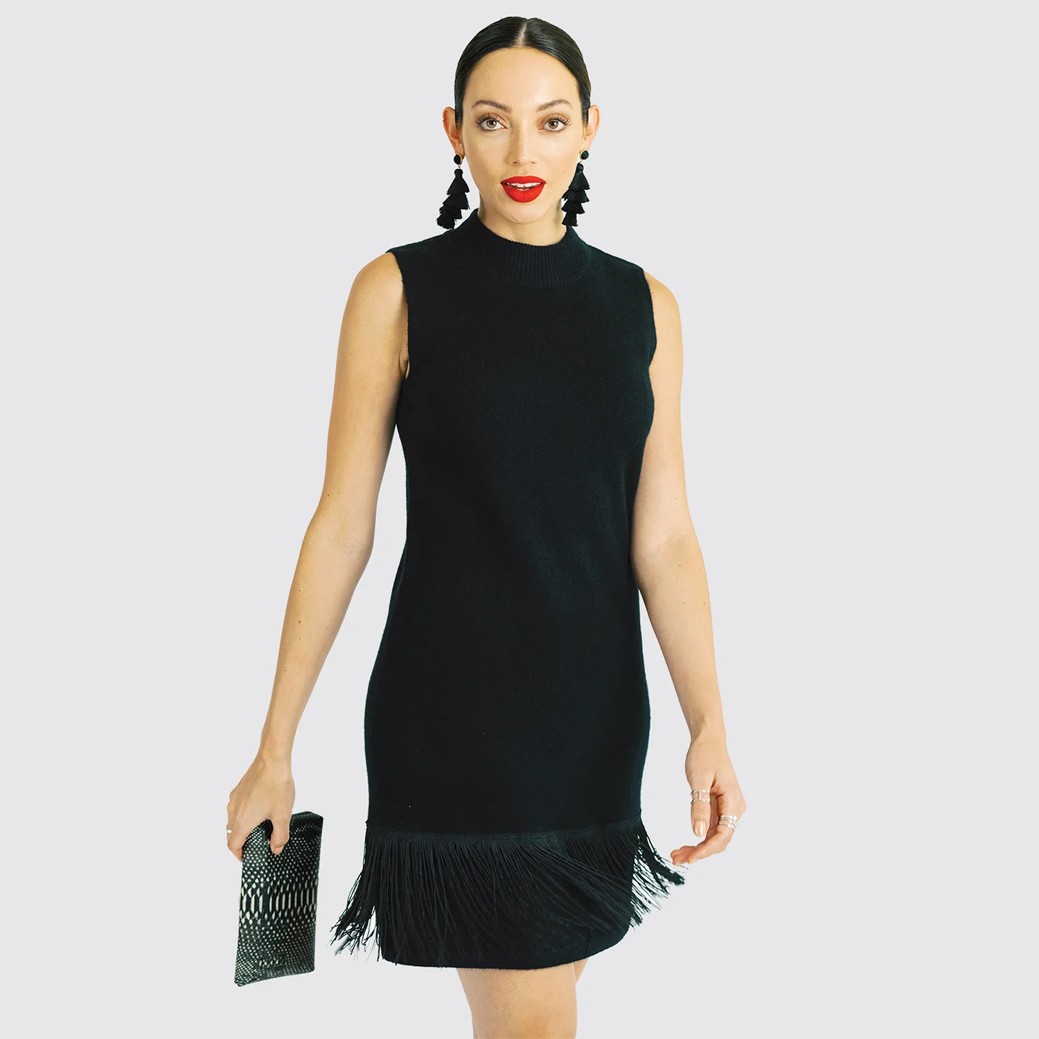Cashmere Shift Dress with Fringe | Black - Image 3